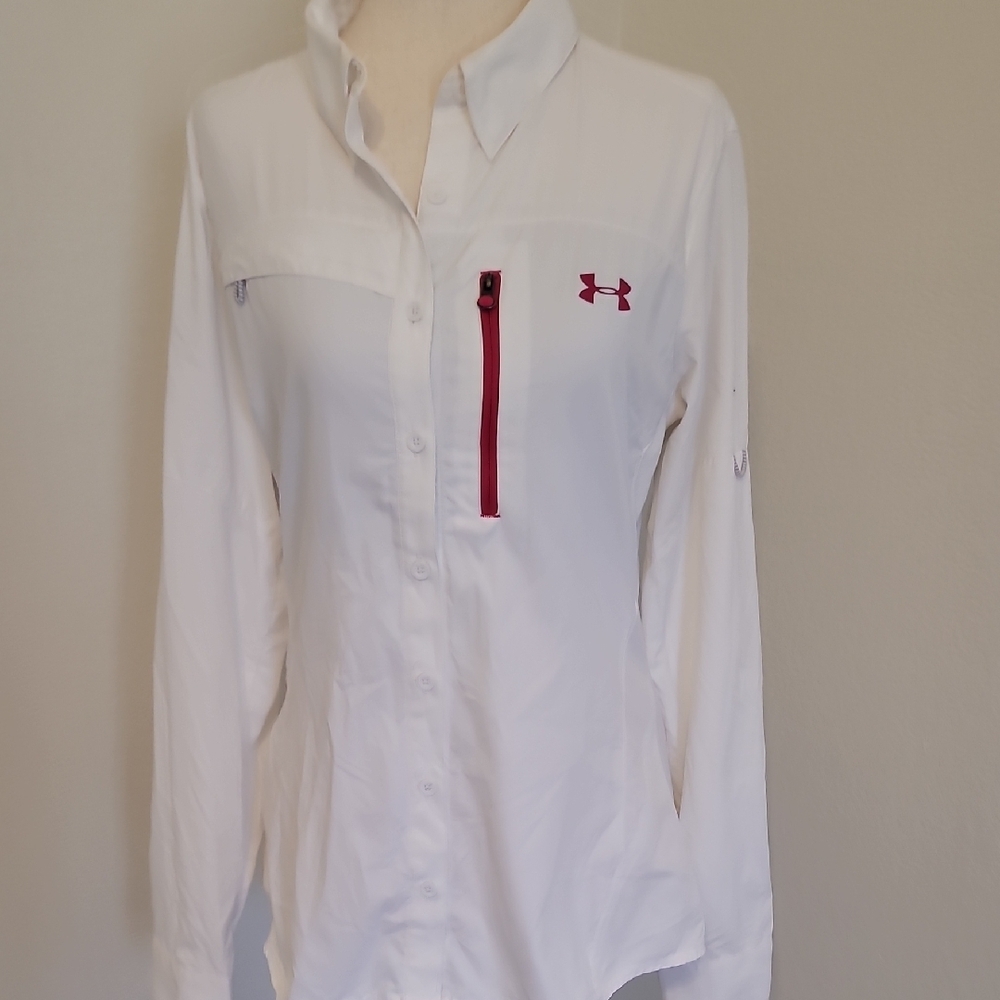 Under Armour White Button Down Shirt with Red Accent